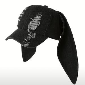 Black Grey Distressed Denim Long Bunny Ears Baseball Cap Hat Emo Punk Grunge
